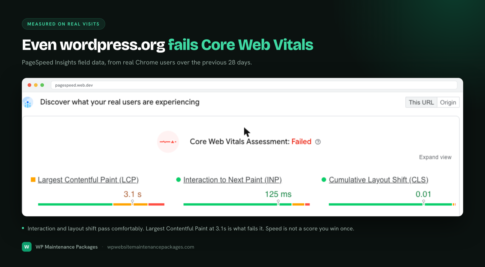 A PageSpeed Insights field data report showing a failed Core Web Vitals assessment, with Largest Contentful Paint at 3.1 seconds, Interaction to Next Paint at 125 milliseconds and Cumulative Layout Shift at 0.01.