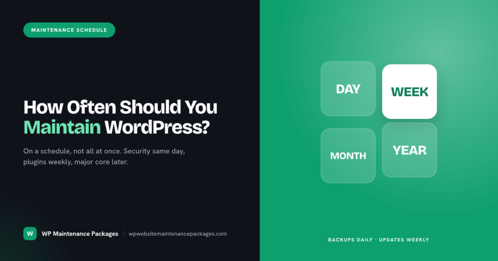 How Often Should You Maintain WordPress cover graphic showing daily, weekly, monthly and yearly maintenance intervals with weekly highlighted.