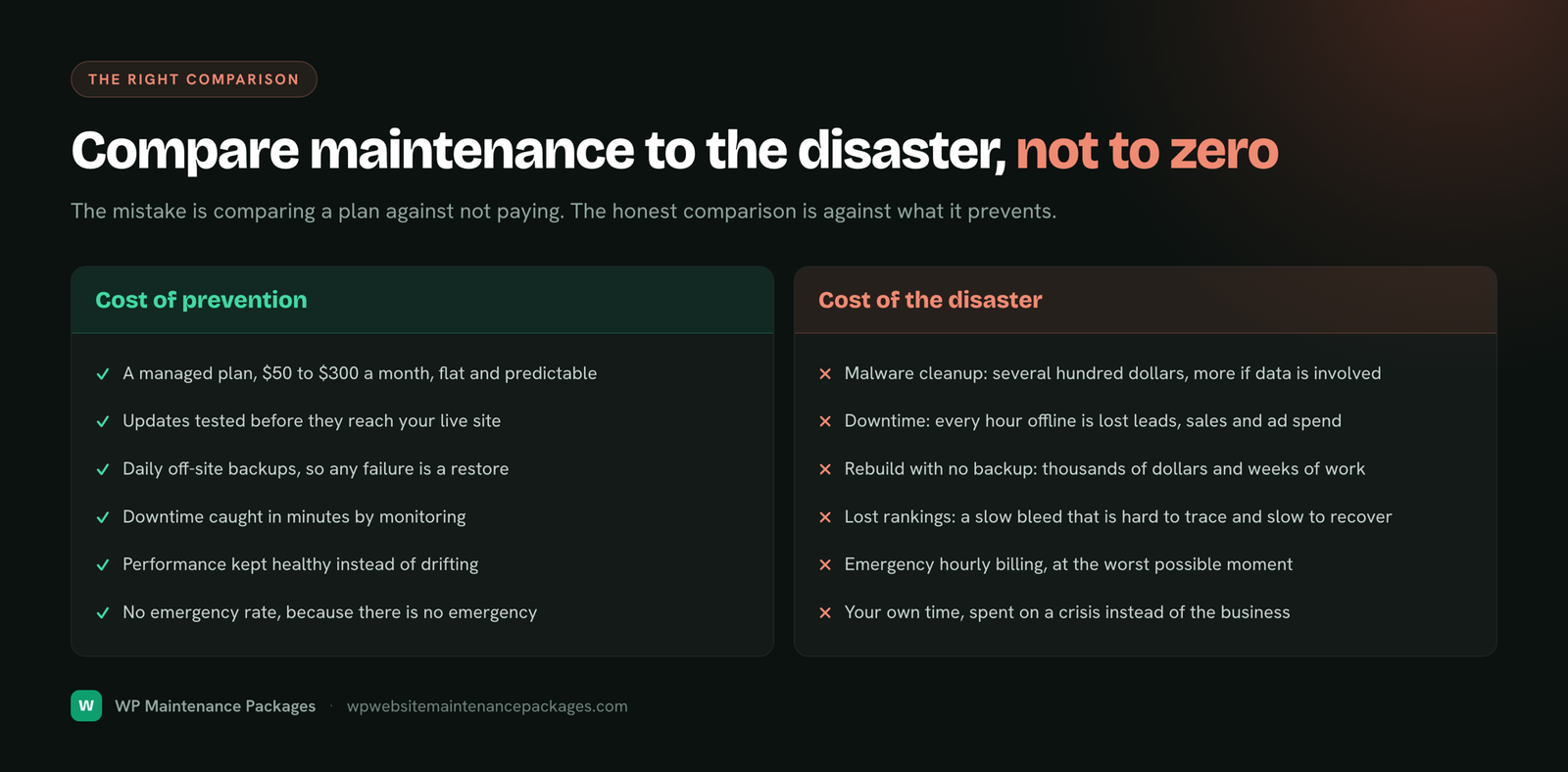 The cost of prevention against the cost of the disaster: a flat monthly plan versus malware cleanup, downtime, a rebuild and emergency billing.