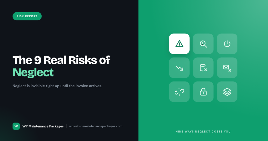 Cover graphic for The 9 Real Risks of Neglect, showing nine failure icons: a hack warning, a search warning, downtime, falling rankings, no backup, broken forms, broken links, an expired certificate and compounding problems.
