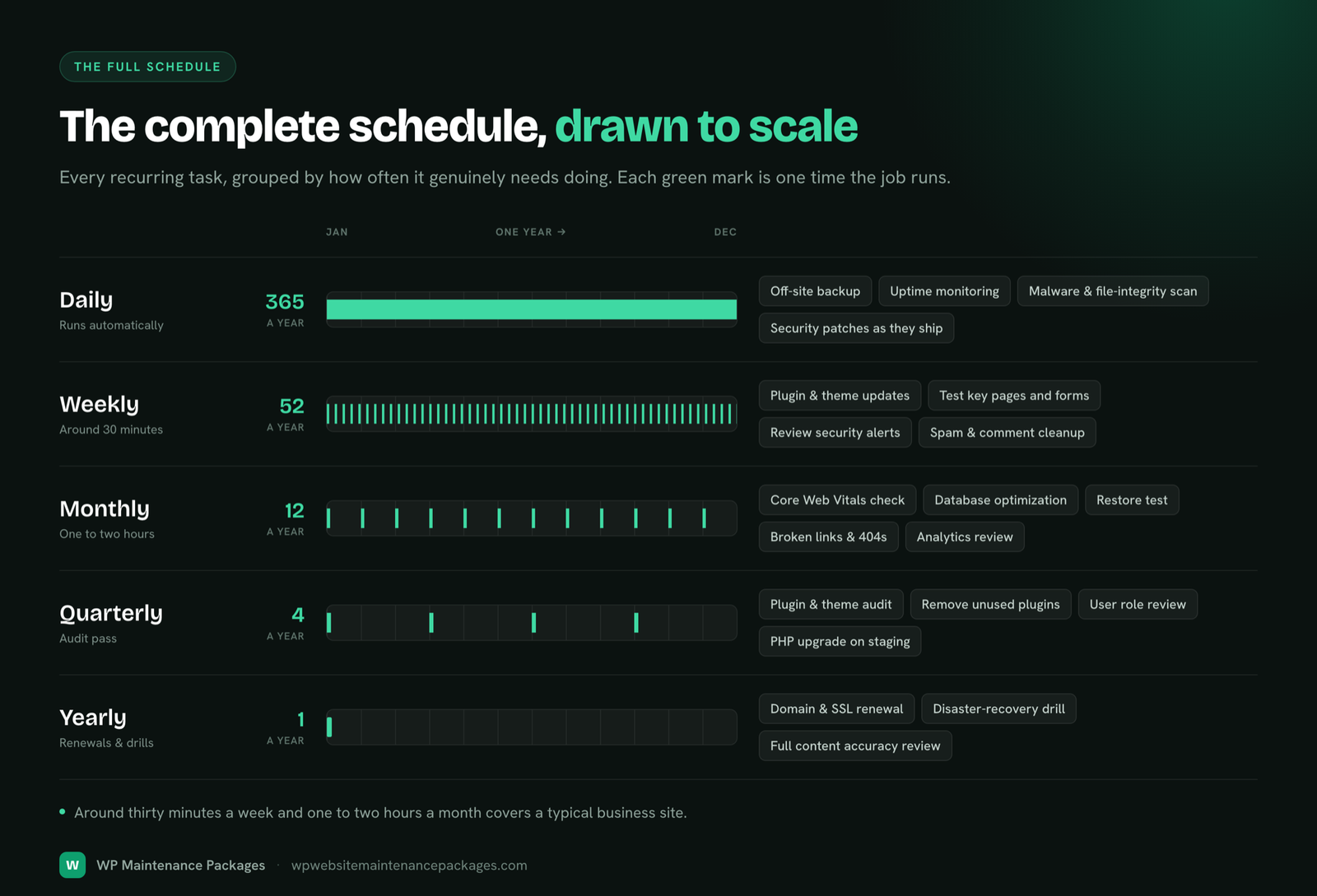 A one-year timeline of the complete maintenance schedule showing daily, weekly, monthly, quarterly and yearly tasks drawn to scale.