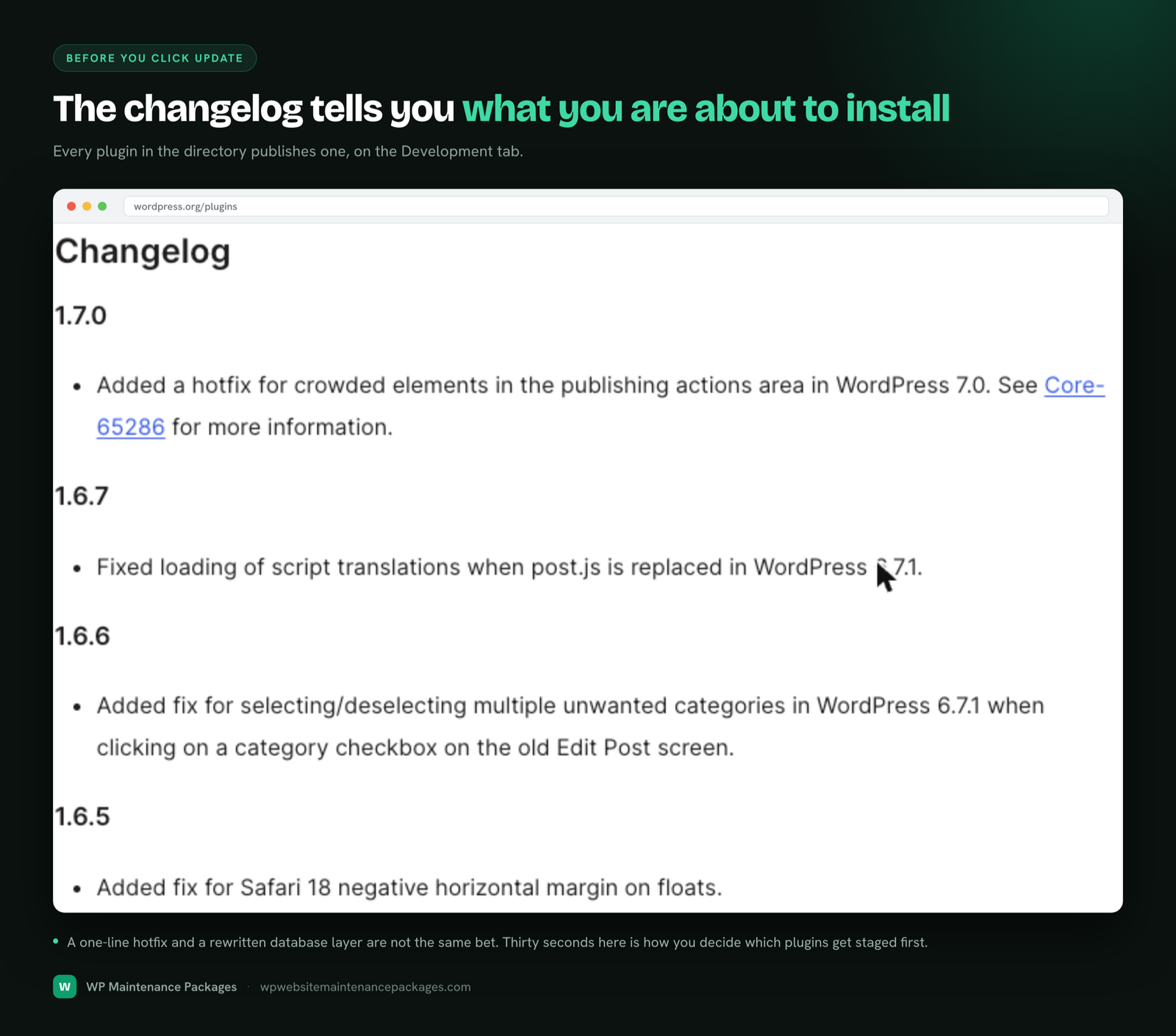 A WordPress plugin changelog listing recent versions and what each one changed, from a single hotfix to translation and compatibility fixes.